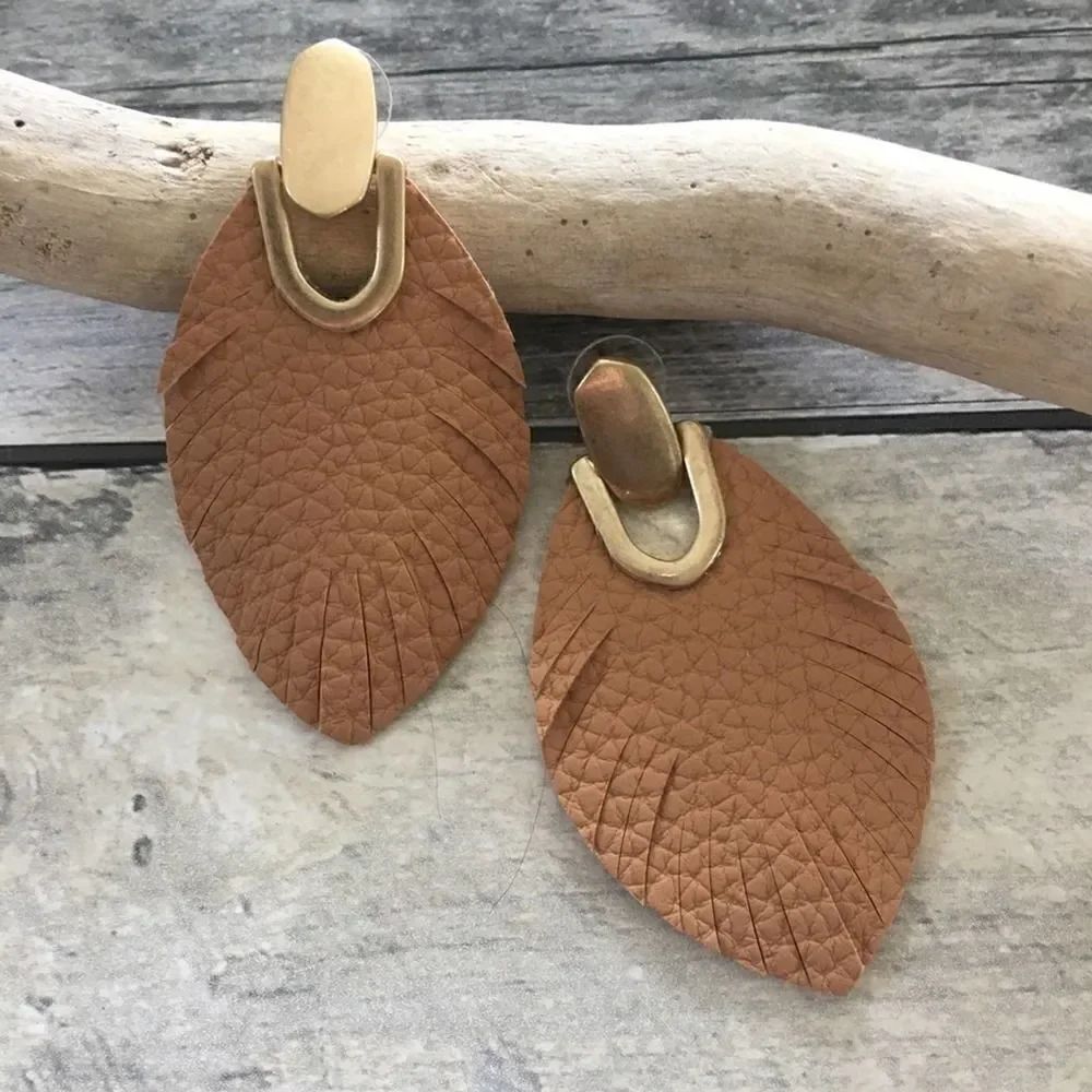 Camel-Colored Vegan Leather Leaf Earrings